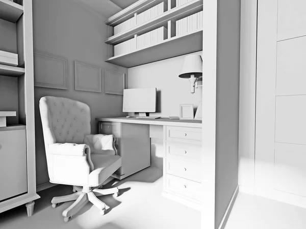 Σύγχρονο χώρο εργασίας στο σπίτι εσωτερικό, 3d rendering — Φωτογραφία Αρχείου