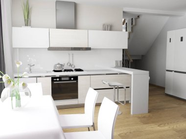 modern iç mutfak, şık iç tasarım, 3 d işleme görüntü