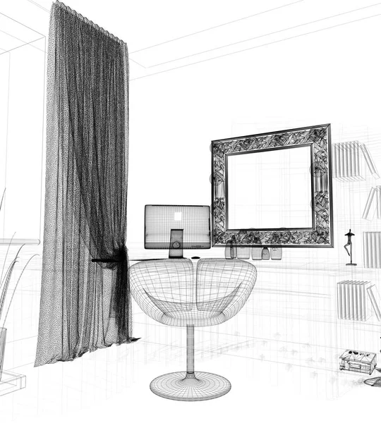 Nowoczesne miejsce pracy w domu wnętrz, renderowania 3d — Zdjęcie stockowe