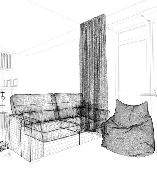 Modern interieur van woonkamer, 3 d renderen — Stockfoto