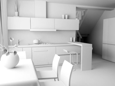 modern iç mutfak, şık iç tasarım, 3 d işleme görüntü