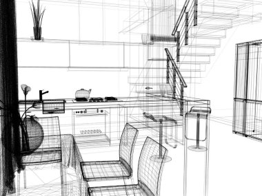 modern iç mutfak, şık iç tasarım, 3 d işleme görüntü