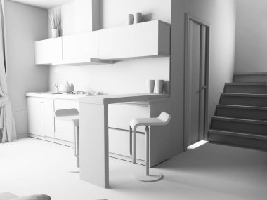 modern iç mutfak, şık iç tasarım, 3 d işleme görüntü