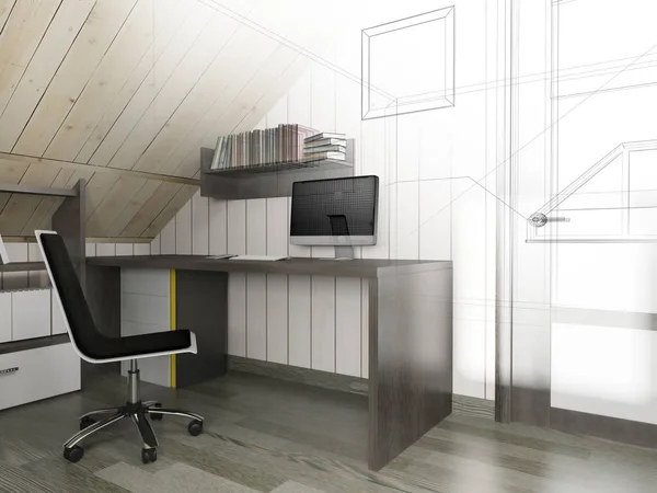 Lugar de trabajo moderno en el interior del hogar, 3d renderizado — Foto de Stock