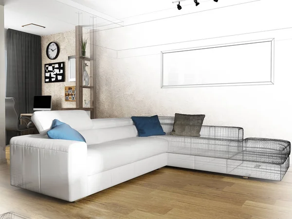 Interior moderno da sala de estar, 3 d renderização — Fotografia de Stock