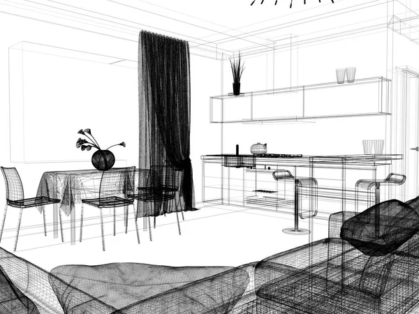 Interior moderno da sala de estar, 3 d renderização — Fotografia de Stock