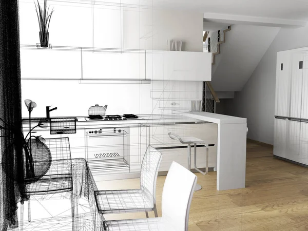 Современная бытовая кухня, стильный дизайн интерьера, 3D рендеринг изображения — стоковое фото