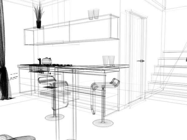 Cuisine domestique moderne, design d'intérieur élégant, image de rendu 3 d — Photo