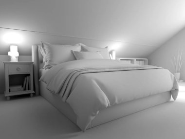 Ahşap bir duvara karanlık bir katta yatak odası. 3D render