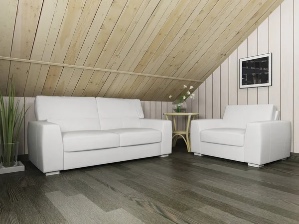Biała kanapa na ciemne podłogi i ściany drewniane, renderowania 3d — Zdjęcie stockowe