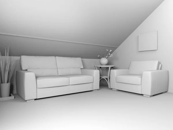 White sofa on dark flooring and wooden wall, 3d rendering — стоковое фото