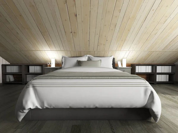 Bedroom on a dark floor against a wooden wall. 3d rendering — Stock Photo, Image