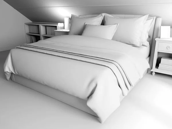 Slaapkamer op een donkere vloer tegen een houten muur. 3D-rendering — Stockfoto