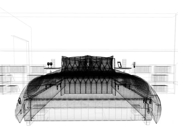 Sypialnia na Ciemna podłoga drewniana ścianą. renderowania 3D — Zdjęcie stockowe