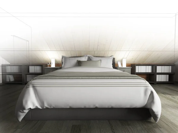 Bedroom on a dark floor against a wooden wall. 3d rendering — Stock Photo, Image