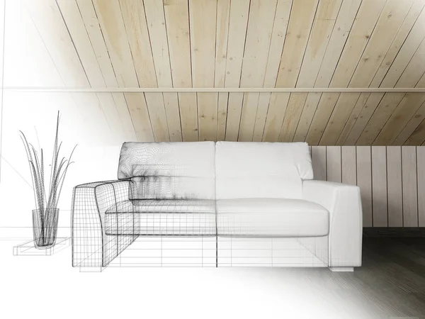 Biała kanapa na ciemne podłogi i ściany drewniane, renderowania 3d — Zdjęcie stockowe