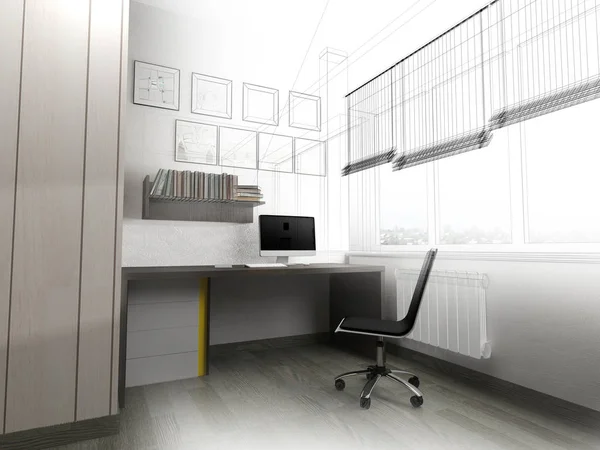 Lugar de trabajo moderno en el interior del hogar, 3d renderizado —  Fotos de Stock