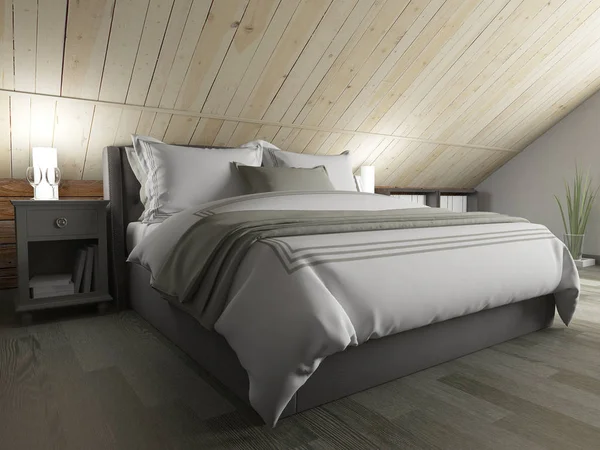Slaapkamer op een donkere vloer tegen een houten muur. 3D-rendering Stockafbeelding
