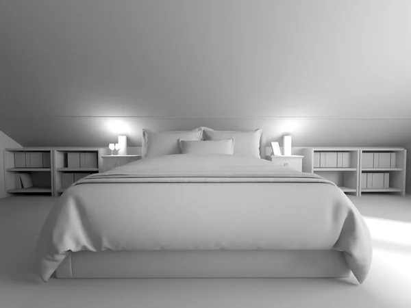 Schlafzimmer auf dunklem Boden gegen eine Holzwand. 3D-Darstellung Stockfoto
