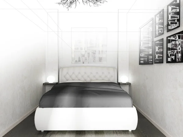 Sypialnia w nowoczesnym wnętrzu w jasnych kolorach. Renderowanie 3 d — Zdjęcie stockowe