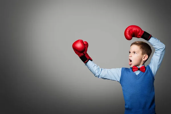 Child Boxing Gloves Elegant Kid Boy Boxer Raised Arms Young — Stock Photo, Image