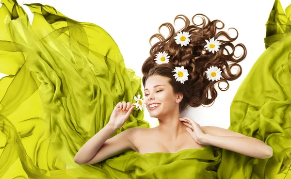 Woman Flowers in Hair Curls, Beauty Model Floral Hairstyle, Girl Smell Daisy Flower, Flying Fluttering Green Dress Fabric