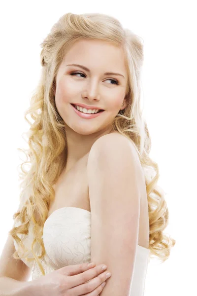 Femme Cheveux Visage Beauté Mannequin Long Blond Bouclé Coiffure Fille — Photo