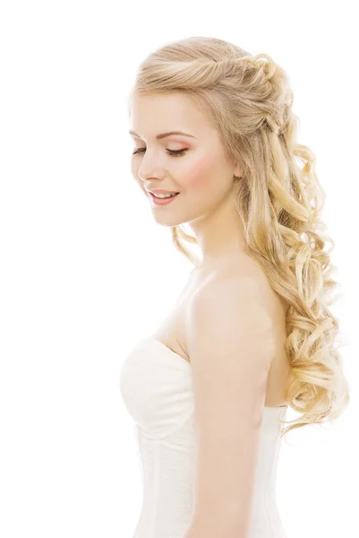 Beauté Des Cheveux Visage Femme Coiffure Bouclée Blonde Longue Mannequin — Photo