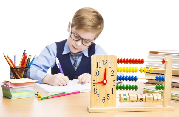 Scuola Bambino Scrittura Aula Orologio Istruzione Abaco Sul Tavolo Studente — Foto Stock