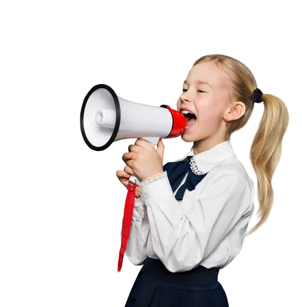 Megaphone Announcement Menina Escola Anunciar Grito Usando Alto Falante Miúdo — Fotografia de Stock