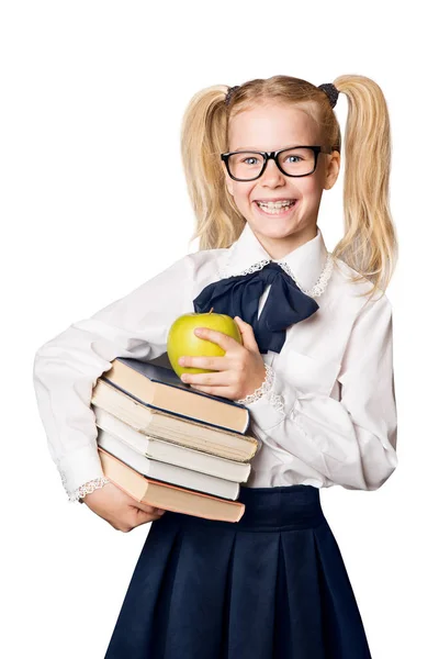 Criança Escola Menina Feliz Óculos Segurando Livros Apple Sorrindo Estudante — Fotografia de Stock