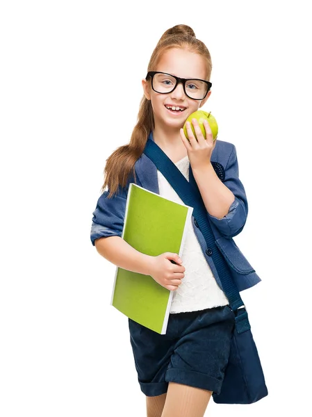 Schulkind Mädchen Brille Mit Buch Und Apfel Glückliches Studentenkind Isoliert — Stockfoto