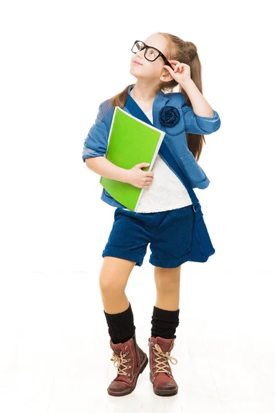 Schulkind Mädchen Mit Brille Bücher Der Hand Und Aufblickend Glückliches — Stockfoto
