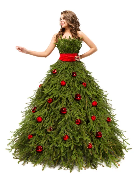 Christmas Tree Dress, Fashion Woman and Present Gifts on White — Stock Photo, Image