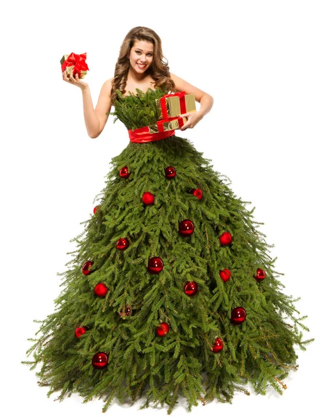 Christmas Tree Dress, Fashion Woman and Present Gifts on White — Stock Photo, Image