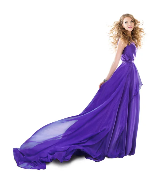 Vestido largo de mujer púrpura, modelo de moda en vestido de noche, en blanco —  Fotos de Stock