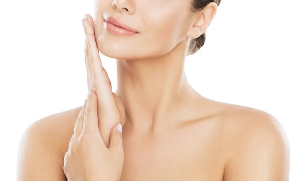 Beauty Face Skin Care, Woman Moisturizing and Massaging Cheek — Stock Photo, Image