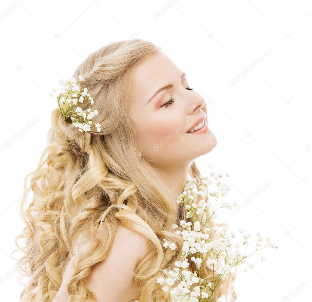 Woman Beauty Hair Care and Treatment, Happy Young Girl Flowers Hairstyle