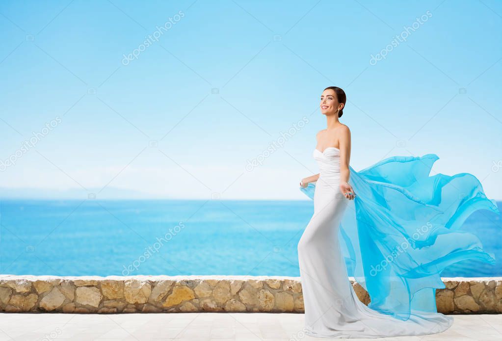 Fashion Model in Summer Dress Over Blue Sea Sky, Elegant Woman
