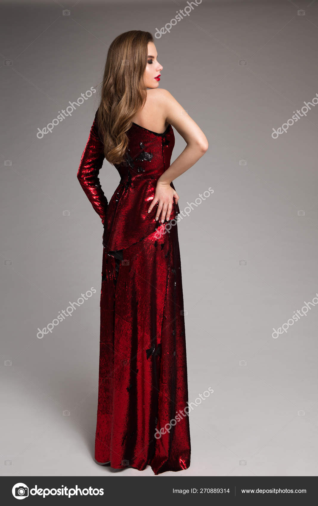 Fashion Model Red Sparkling Dress Elegant Woman In Long Evening Gown Stock Photo By C Inarik
