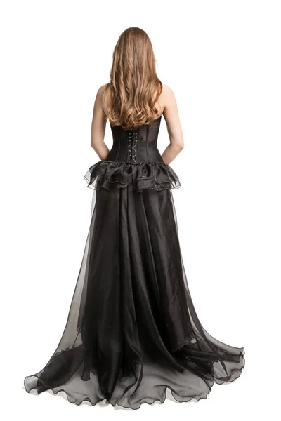 Módní model černých šatů, ženská dlouhá róba zadní pohled na bílou — Stock fotografie