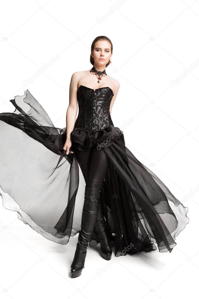 Fashion Model Black Corset Dress, Leather Pants, Woman Gothic Gown