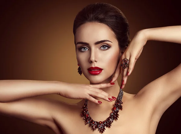 Woman Jewelry, Red Gems Jewelry Necklace, Fashion Beauty Portrait