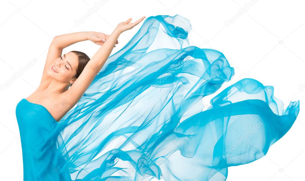 Happy Woman in Flying Waving Silk Fabric, Beautiful Girl on White