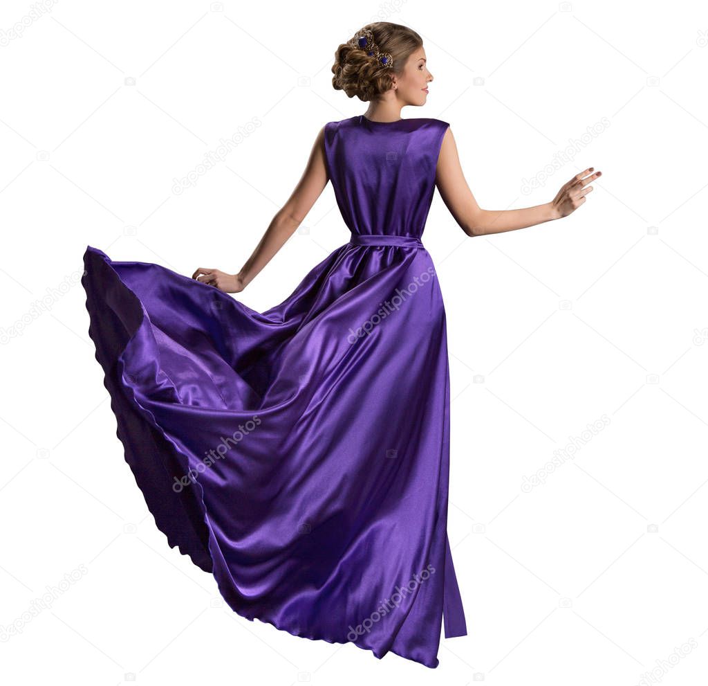 Woman Purple Dress, Fashion Model in Long Fluttering Gown, Back view on White