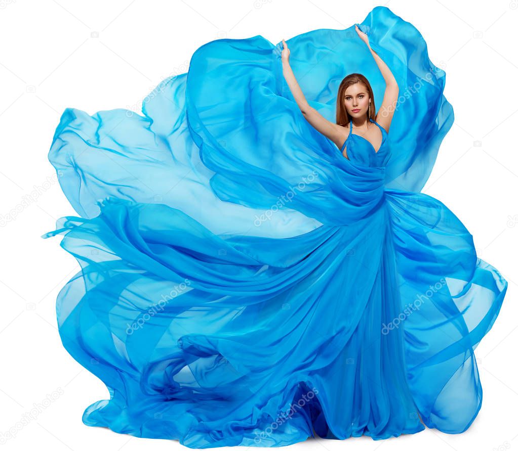 Woman Blue Dress, Fashion Model Dancing in Long Waving Gown