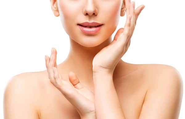 Beauty Natural Skin Care, Woman Touching Face By Hand, White — Stock Photo, Image