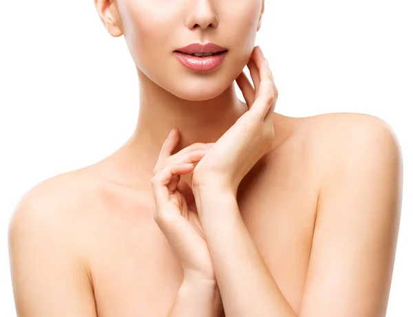 Woman Beauty Skin Care, Model Touching Neck, Face Skincare, White — Stock Photo, Image