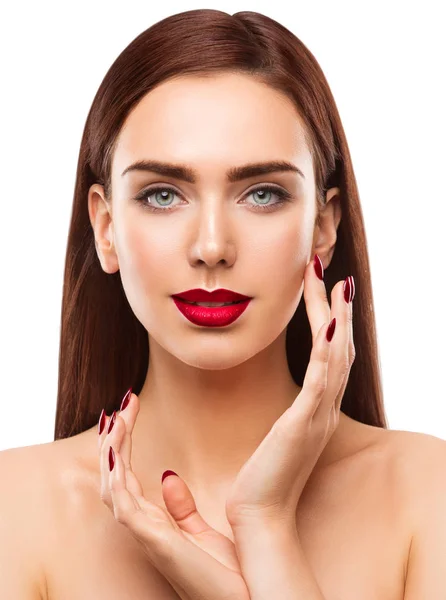 Nő Szépség Smink Portré, Gyönyörű arc, Szeme Lips Nails — Stock Fotó