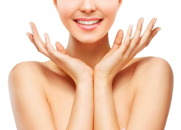 Woman Beauty Smile, Beautiful Smiling Girl Face and Hands, White — Stock Photo, Image